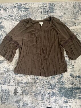 Boden Olive-Brown Peasant Blouse with Tie Neck